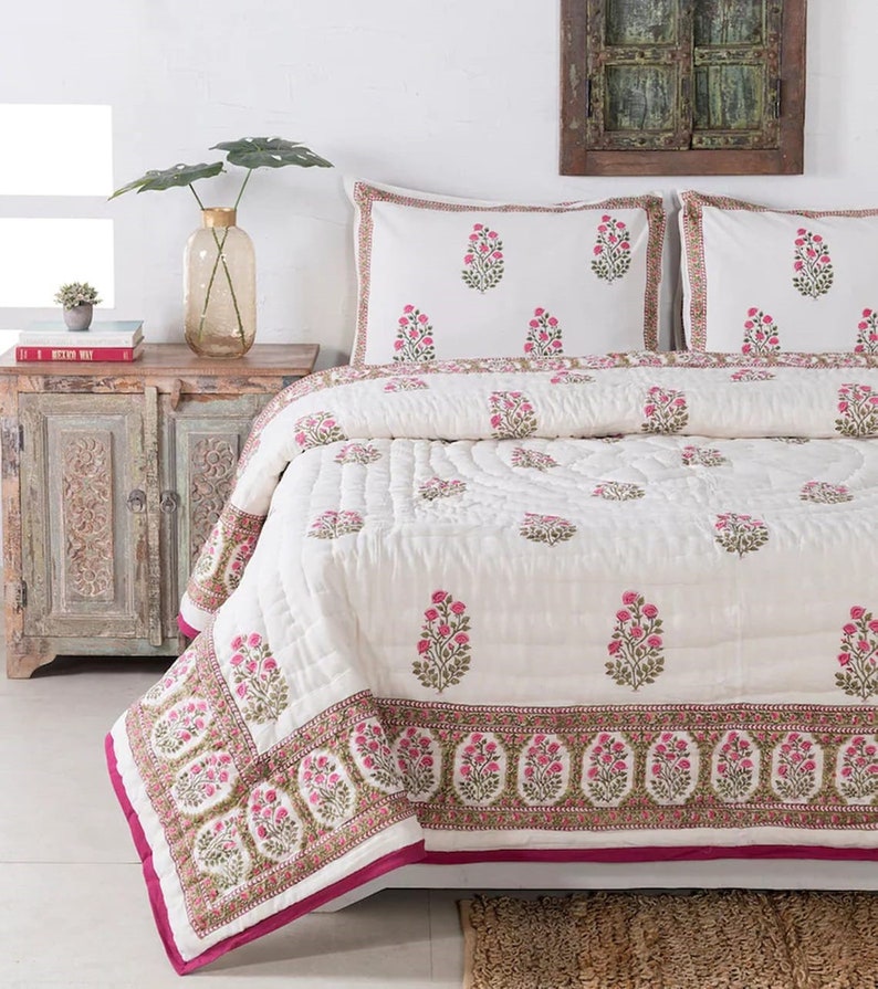 Gulaal Indian Jaipuri Block Print Quilt Printed Reversible Razai Cotton Handmade Floral Quilt, Jaipuri razai, Anokhi Bedspread Comforter image 2