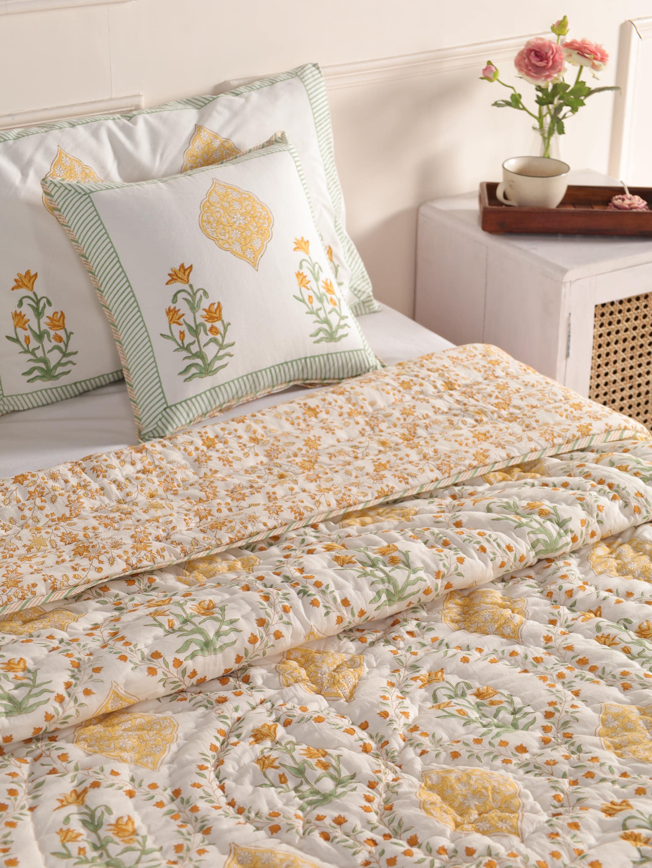 Shopgulaal Jaipuri Block Print Quilt Reversible Floral Blanket