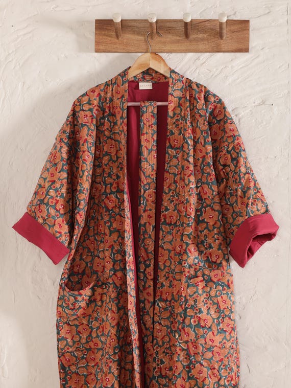 BlockPrint Quilted Robe 100% Cotton Anokhi Robes Cotton Kimono, Bath Robe, Dressing Gown, Bridesmaid Gift, Indian Hand block print