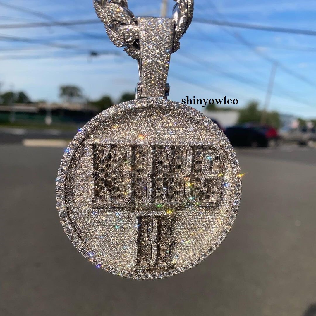 Custom Iced Out King Name Round Pendant 925 Sterling Silver Etsy