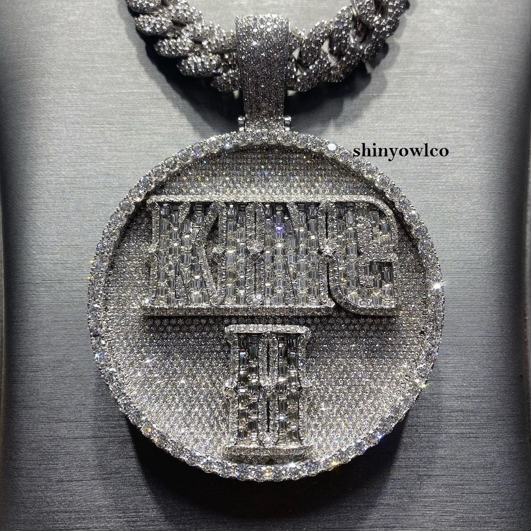 Custom Iced Out King Name Round Pendant 925 Sterling Silver Etsy