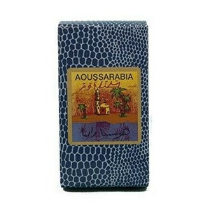 May include: A blue box with a gold label that says "Aoussarabia" and features a scene of a mosque and palm trees. The box has a textured pattern.