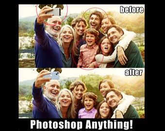 May include: Before and after photo showing the difference Photoshop can make. The before photo shows a group of people taking a selfie with a person in the front holding a phone. The after photo shows the same group of people with the person in the front holding a phone, but the photo has been edited to remove the person's wrinkles and make them look younger.