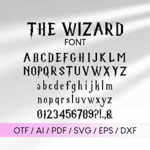 May include: The Wizard font alphabet in black, featuring uppercase and lowercase letters, numbers, and punctuation marks. The font has a bold, gothic style with lightning bolt accents.