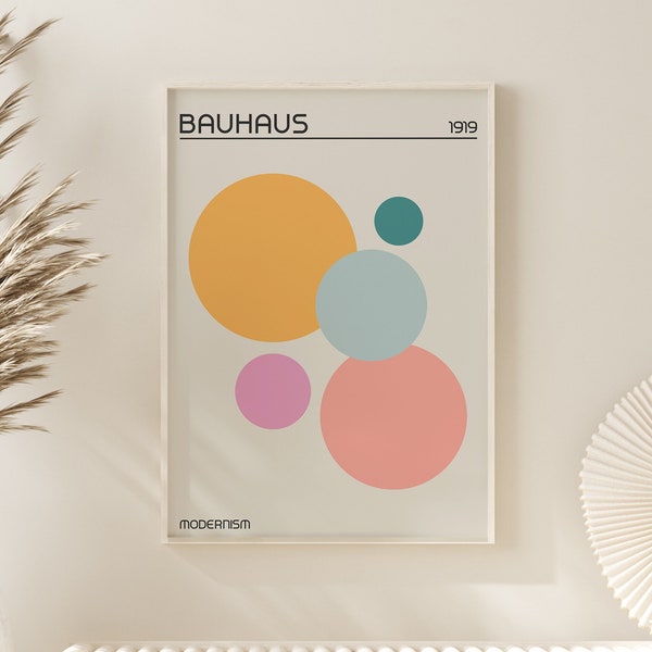 Bauhaus Circles 1919 impression d’art mural, Affiche de modernisme rose jaune jaune pastel, affiche rétro, ajout mural de la galerie, postmodernisme