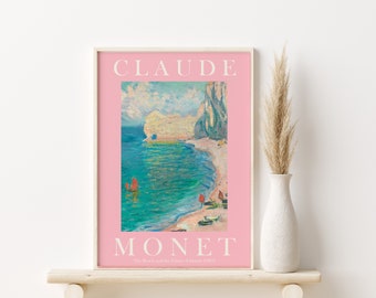 Pretty Pink Claude Monet Art Print, The Beach and the Falaise d'Amont, Modern Vintage Painting, Poster, Gallery Wall, A5 A4 A3 A2, Gift