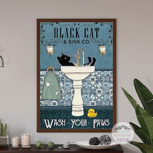 Black Cat Wash Paws Sink Poster (No Frame)