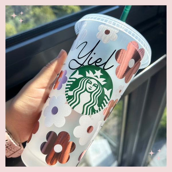 COUPE STARBUCKS | tasse Starbucks personnalisée | tasse Starbucks avec fleurs rétro et prénom | tasse Starbucks personnalisée | Choisissez votre couleur et votre police