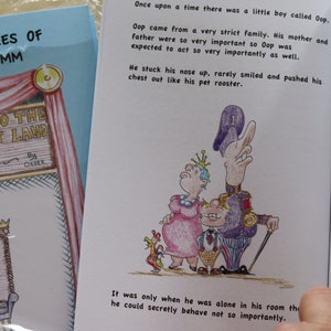 Puede incluir: Una portada de libro infantil ilustrada con una cortina roja y blanca y un cartel que dice "Bienvenido a la Tierra Importante". El cartel tiene un cartel pequeño debajo que dice "No tonterías por orden". La portada del libro presenta una ilustración de dibujos animados de una reina sentada en un trono.