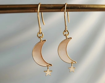 Moon Star Earrings, celestial earrings, moon earrings dangle, jewellery gift for women, earrings for women, gold statement earrings,