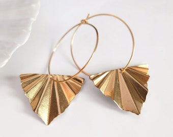 Gold Fan Earrings, Boho Brass Earrings, Statement Earrings, earrings for women, leaf earrings dangle, bohemian earrings dangle, gold hoops