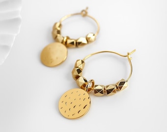 Gold Beaded Hoop Earrings with Coin Charm - Minimal Boho Jewellery Gift