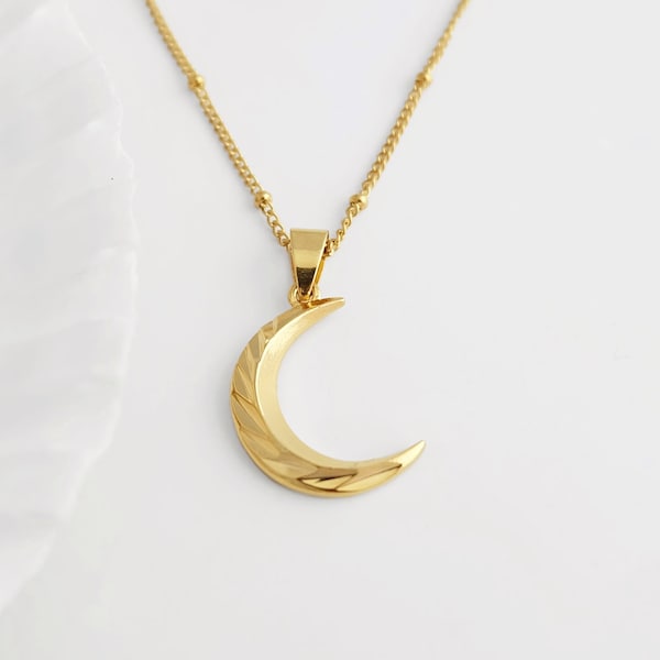 Crescent Moon Necklace, Faceted Moon Necklace, Gold Plated Moon Necklace, Boho Moon Necklace, Gold Charm Necklace, gift for girlfriend