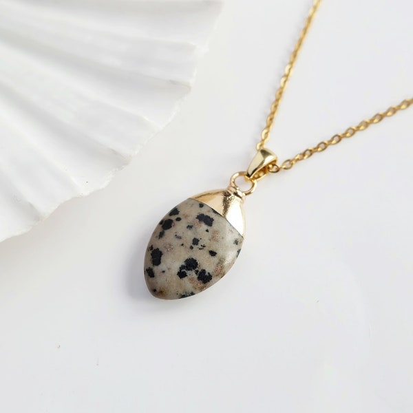 Dalmatian Jasper Necklace, crystal necklace gold, oval necklace, Jewellery gift for women, gift for her, with gift box, adjustable necklace