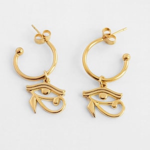 Gold Eye of Horus Hoops, Gold Egyptian Earrings, Egyptian jewelry for women, evil eye jewellery, gold dangle earrings, hoops with charm