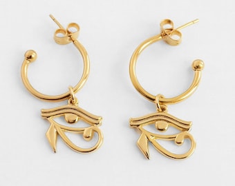 Eye of Horus Earrings, Egyptian Jewelry, Gold Dangle Earrings, Hoops With Charms, Ancient Egyptian Earrings, Eye of Ra, Gift For Her