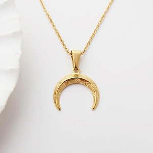 Gold Double Horn Necklace, Gold Crescent Moon Necklace, Jewelry Gift For Women, Boho Moon Necklace, Gold Charm Necklace, gift for her