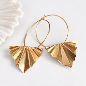 Gold Fan Earrings, Boho Brass Earrings, Statement Earrings, earrings for women, leaf earrings dangle, bohemian earrings dangle, gold hoops