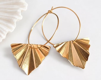 Gold Fan Earrings, Boho Brass Earrings, Statement Earrings, earrings for women, leaf earrings dangle, bohemian earrings dangle, gold hoops