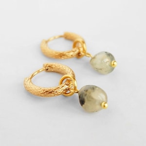 Gemstone Earrings Dangle, Prehnite Earrings, gemstone jewellery, gold statement earrings, green gemstone, gold hoops, birthday gift for her