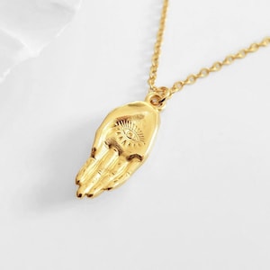 Collar de mano de Miriam, collar talismán, collar de mal de ojo dorado, regalo de cumpleaños para mujer, collar con dijes dorado, colgante de protección