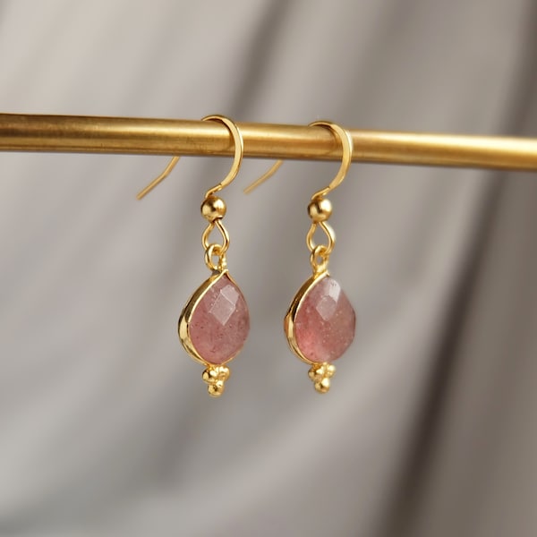 Strawberry Quartz Earrings, Boho Earrings Dangle, Bohemian Earrings for Women, Pink Gemstone Earrings, Jewellery gift for women,