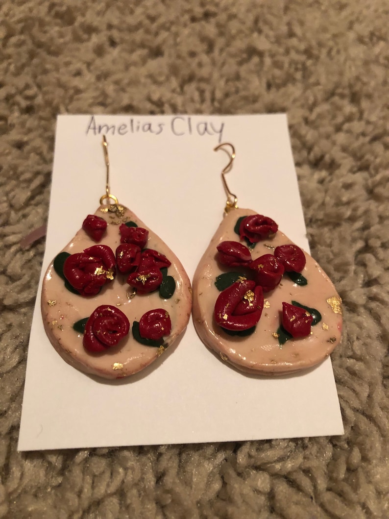 gold flakes pink Rose clay earrings