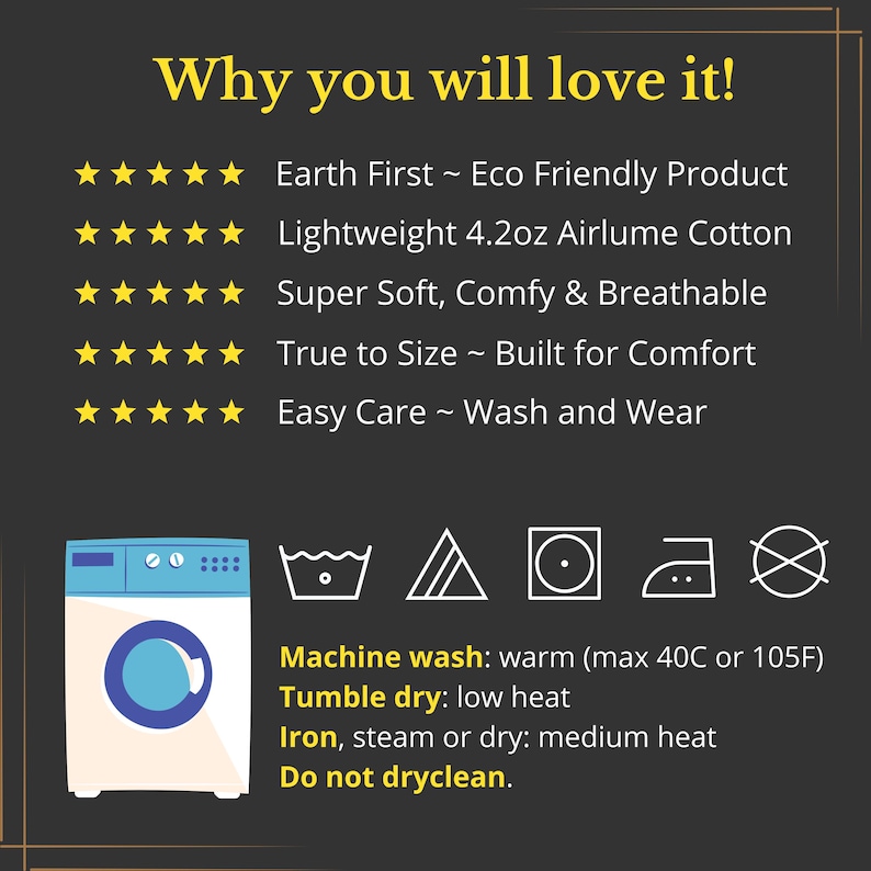 May include: A graphic with a washing machine icon and text describing the care instructions for a product: Machine wash: warm (max 40C or 105F), Tumble dry: low heat, Iron, steam or dry: medium heat, Do not dryclean.