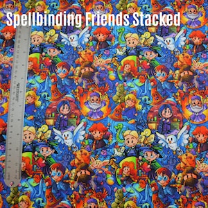 May include: A colorful fabric with a repeating pattern of cartoon characters from the Harry Potter series. The characters are stacked on top of each other and include Harry Potter, Ron Weasley, Hermione Granger, and other characters. The fabric is blue with orange, yellow, and green accents. The text "Spellbinding Friends Stacked" is printed at the top of the fabric.