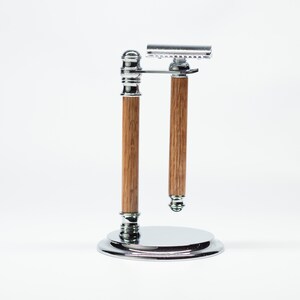 Oak Safety Razor With Stand - handmade razor for men and women - wood, bathroom, self-care, chrome finish