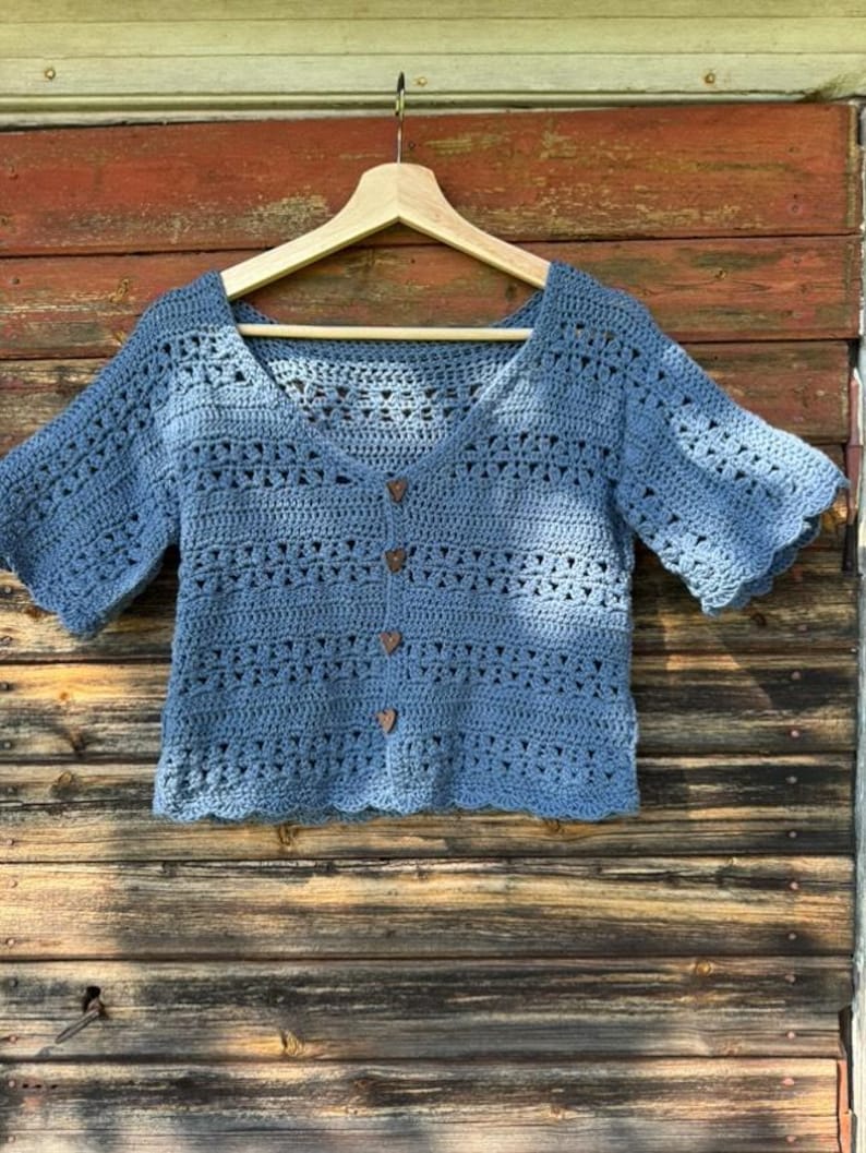 May include: A blue crochet top with short sleeves and a V-neck. The top has a scalloped hem and is buttoned with wooden heart-shaped buttons. The garment is displayed on a wooden hanger against a weathered wooden background.