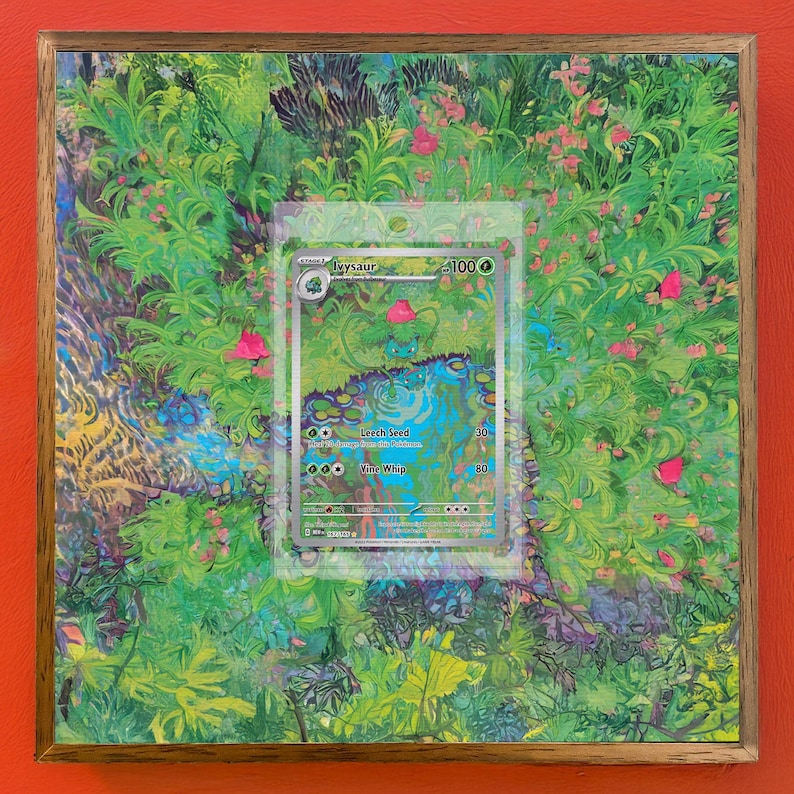 May include: A vintage Pokemon trading card featuring Ivysaur, a Grass-type Pokemon, with a green and blue background. The card shows Ivysaur's stats and attacks, including Leech Seed and Vine Whip.