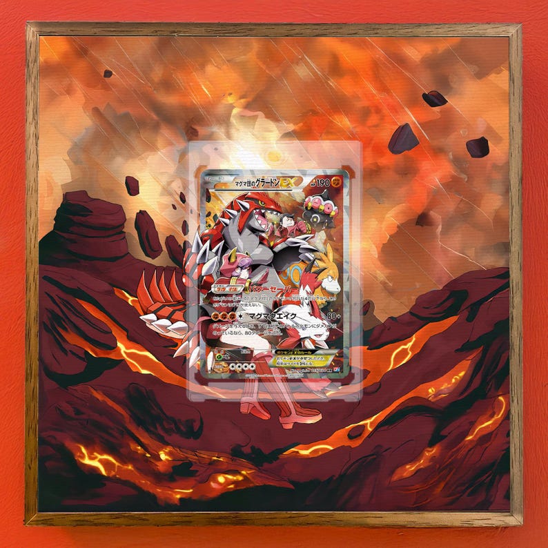 May include: A Pokemon trading card featuring a red and black Pokemon with a red helmet and a yellow and red Pokemon with a red helmet. The card is set against a fiery orange background with black rocks.