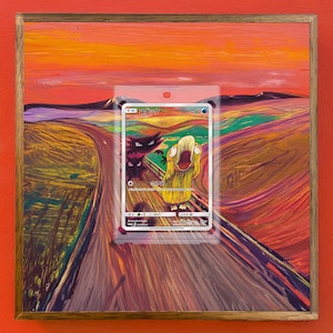 Peut inclure: Une carte Pokemon représentant un Pokemon de type Spectre jaune et blanc appelé "Gengar" sur un fond noir. La carte est dans une pochette en plastique et est affichée sur un tableau représentant un paysage avec une route sinueuse.