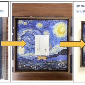 May include: A framed display featuring a Pok&eacute;mon card with a Pikachu design, set against a backdrop of Van Gogh's "Starry Night." The frame includes removable, damage-free hanging strips. The text reads: "Easy mounting your cards. Use Removable Damage-Free hanging strips."