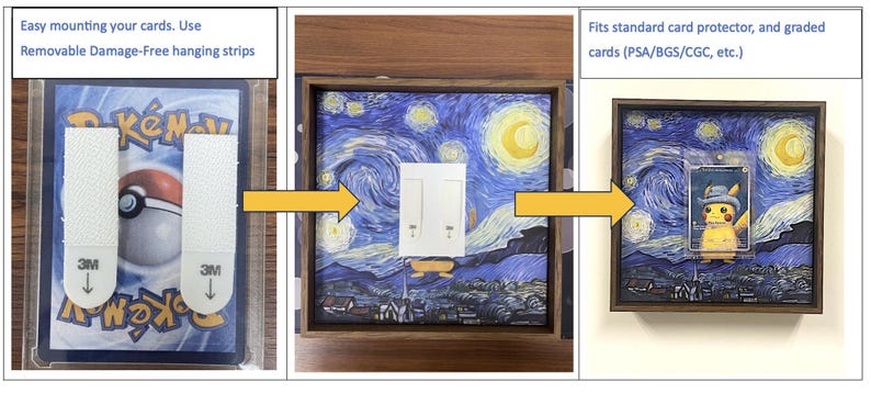 May include: A framed display featuring a Pok&eacute;mon card with a Pikachu design, set against a backdrop of Van Gogh's "Starry Night." The frame includes removable, damage-free hanging strips. The text reads: "Easy mounting your cards. Use Removable Damage-Free hanging strips."