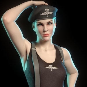 May include: A woman wearing a black beret with a silver emblem, a black tank top with a silver emblem, gray suspenders, and gray pants. The image has a dark background. The text "TORRIDA minis" is visible.