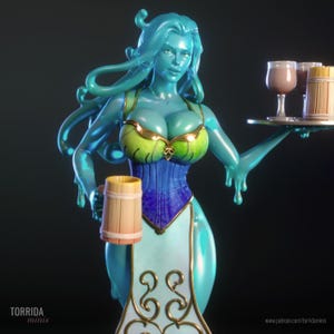 May include: A teal-colored fantasy figurine of a woman with long flowing hair, wearing a corset and holding a tray with drinks and a wooden mug. The figurine has a unique design with a flowing, liquid-like appearance. The figurine is a fantasy-themed collectible.