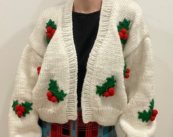 Hand Knit Christmas Cardigan, Chunky Sleeve, Holly Berry Sweater