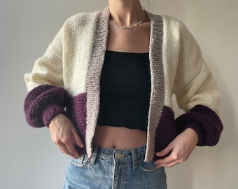 Handmade Chunky Knit Cardigan, Purple & White Oversized Sweater