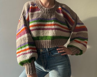 Hand Knit Cropped Sweater, Chunky Striped Wool Blend, Oversized Fit
