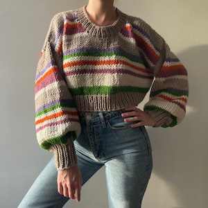 Hand Knit Cropped Sweater, Oversized Knitted Sweater, Handmade Cropped Sweater, Chunky Striped Sweater, Cool Wool Sweater, Crop Knit Sweater