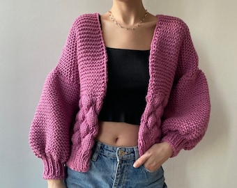 Pink Bubble Cardigan, Long Sleeve Cardigan, Colorful Stylish Sweater, Oversized Hand Knitted Jumper, Handmade Balloon Sleeve Cardigan