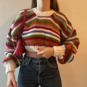 Hand Knit Cropped Sweater, Oversized Knitted Sweater, Handmade Cropped Sweater, Chunky Striped Sweater, Cool Wool Sweater, Crop Knit Sweater