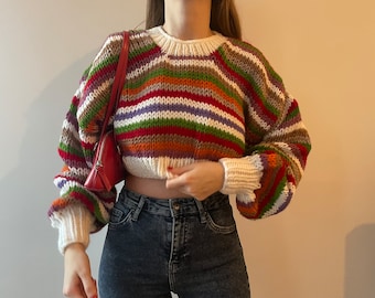 Hand Knit Cropped Wool Sweater, Chunky Colorful Stripes