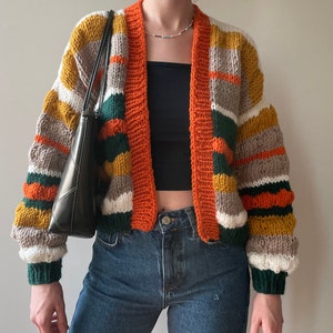 Colorful Balloon Sleeve Cardigan, Handmade Cozy Cardigan, Oversized Cool Cardigan, Hand Knitted Rainbow Cardigan, Oversized Knit Cardigan