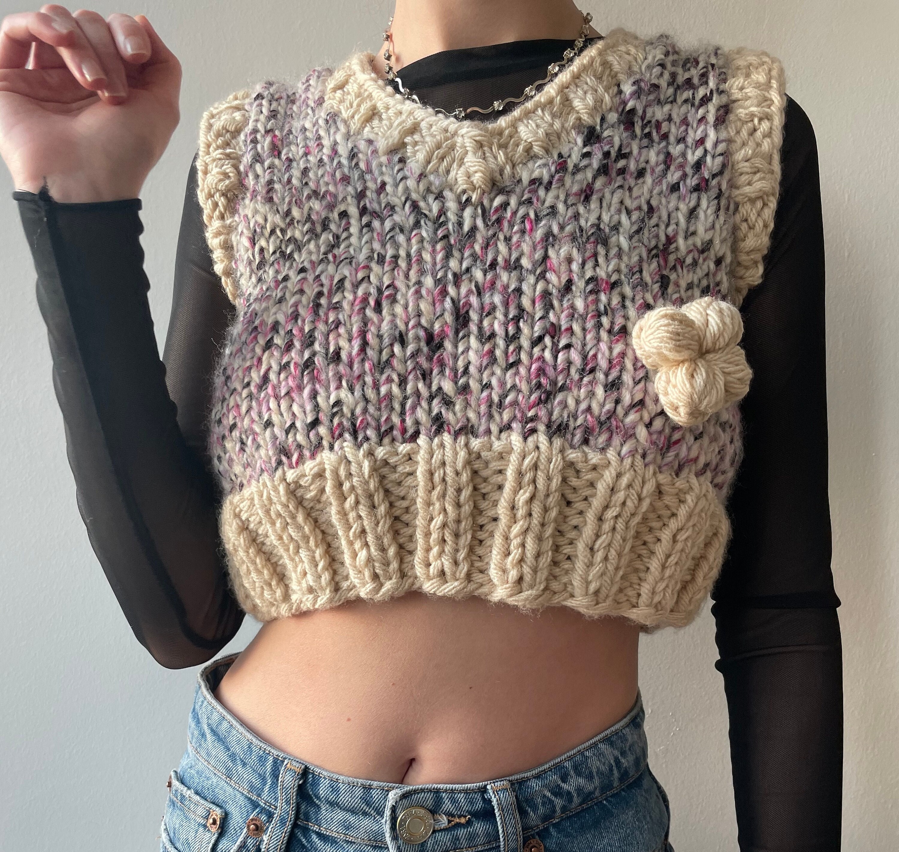 Flower Crop Top, Hand Knitted Crop Top, Vintage Stylish Crop Top