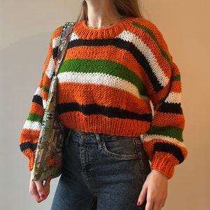 Hand Knit Cropped Sweater, Oversized Knitted Sweater, Handmade Cropped Sweater, Chunky Striped Sweater, Cool Wool Sweater, Crop Knit Sweater