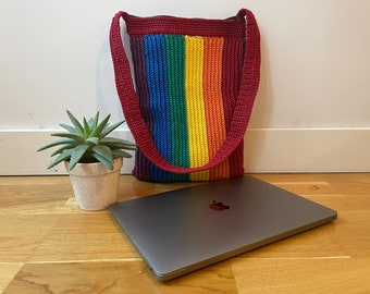 LGBT Flag Bag,Hand Knit Macbook Bag,Handmade Rainbow Bag,Knitted Handmade Shoulder Tote Bag,LGBTQ Pride Colour Tote Bag,Rainbow Pride Bag