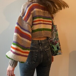 Hand Knit Cropped Sweater, Oversized Knitted Sweater, Handmade Cropped Sweater, Chunky Striped Sweater, Cool Wool Sweater, Crop Knit Sweater